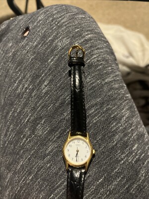 Casio LTP1094Q-7B1 Women's Analog Watch Black Leather Band Gold Rim Face