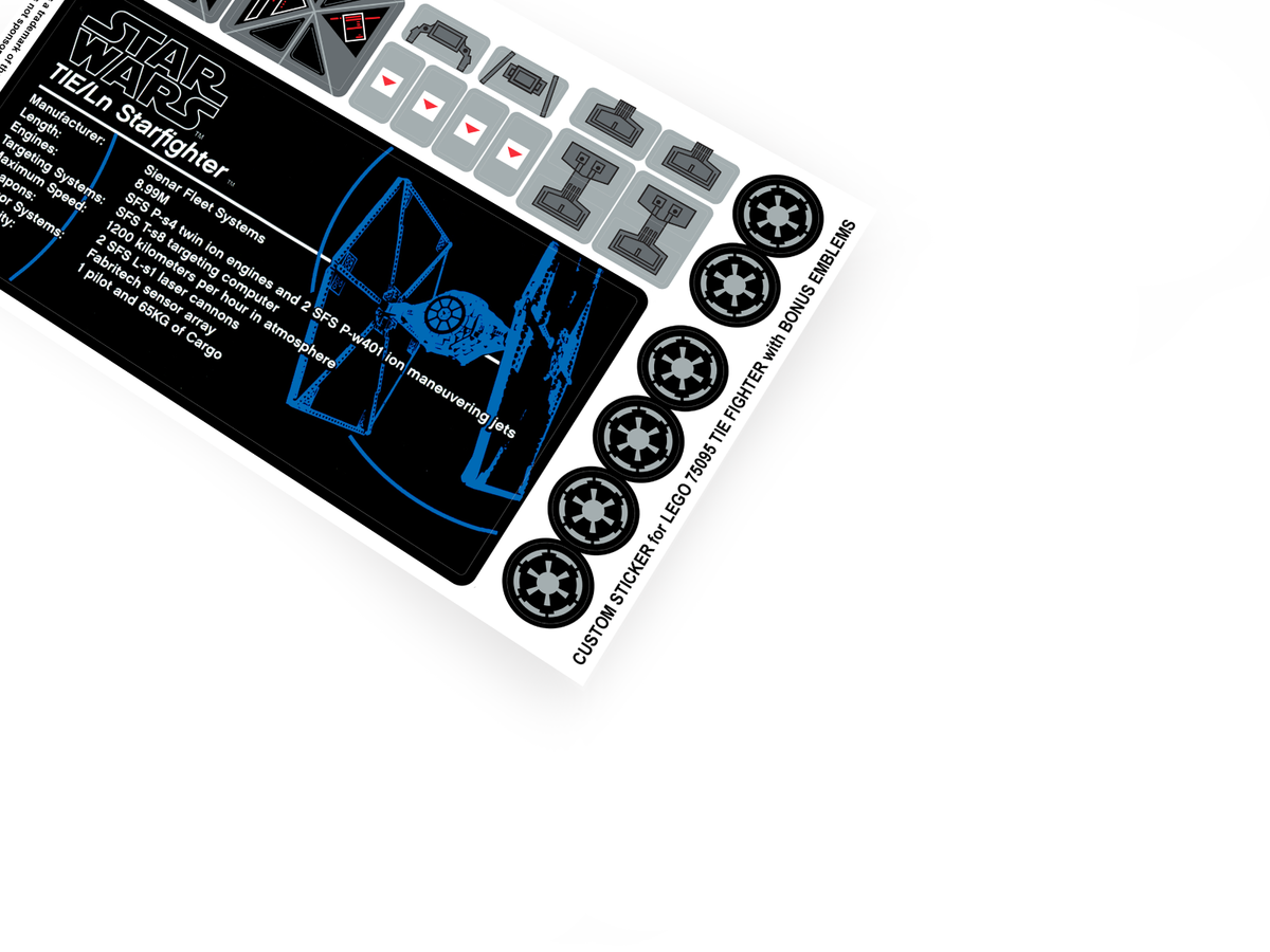 CUSTOM STICKERS for Set 75095 Tie Fighter, MODEL DISPLAYS , ETC