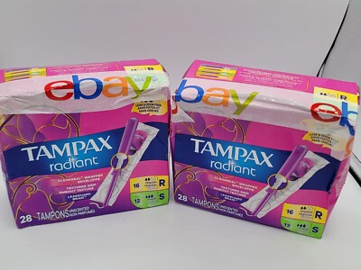 2 PK Tampax Radiant Duo Pack Tampons w/ LeakGuard Braid Regular & Super 28 Ct EA