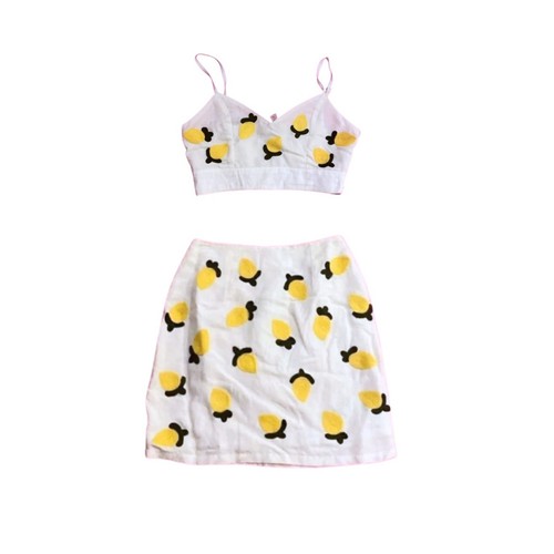 Red Carter White Lemon Set Crop Top Mini Skirt Small Linen Summer Festival Boho