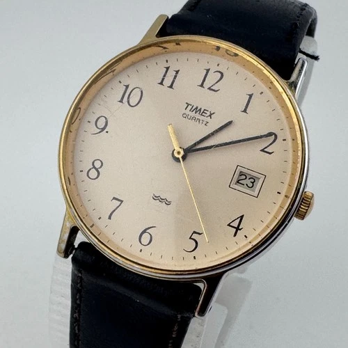 Vintage Timex Quartz Watch Men Gold Tone Leather Date Analog New Battery