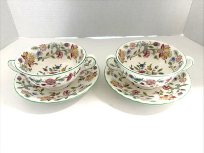 4 pc Minton Haddon Hall Cream Soup Bowls  & saucers Chintz   england B1451