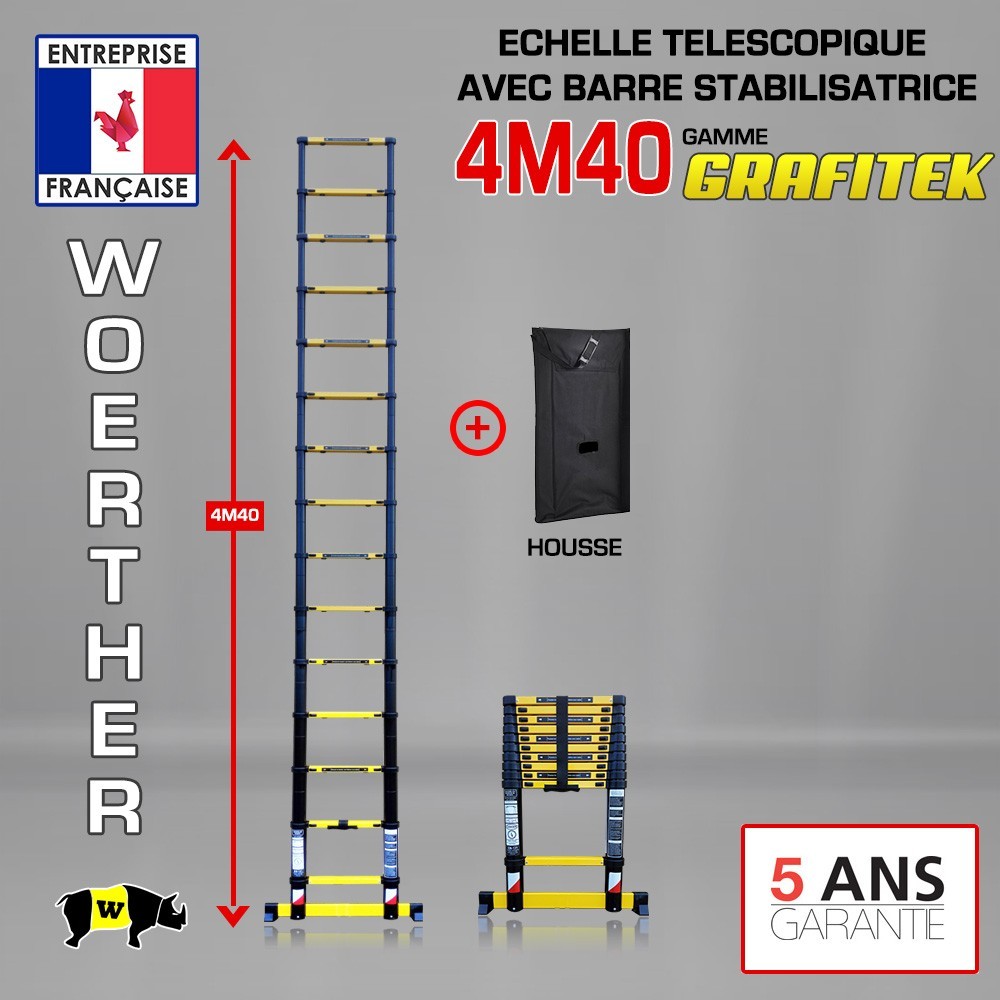 Échelle télescopique graphite et alu 4,40m haut de gamme avec sacoche de protection