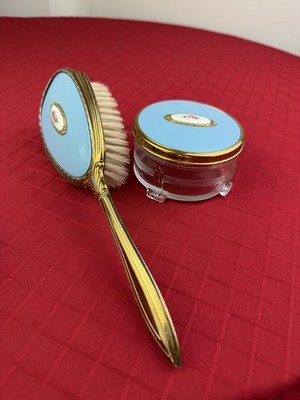2 LOT VTG Collectible Vanity Blue Hairbrush & Glass Powder Jar Matching Set