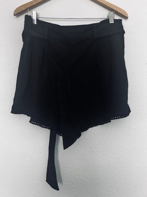 Sofia Jeans Linen Blend Shorts Sz 14 Black Belt Pleated Tie Crochet Hem Boho