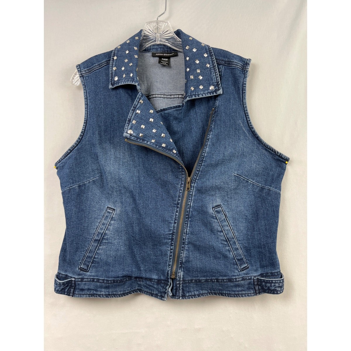 Ashley Stewart Moto Denim Vest Womens 14/16 Blue Studded