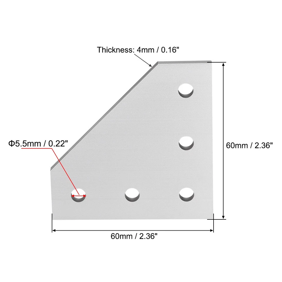 5 foro forma L esterno piastra giunzione per 2020 profilo alluminio 4 pz argento - Immagine 2 di 4