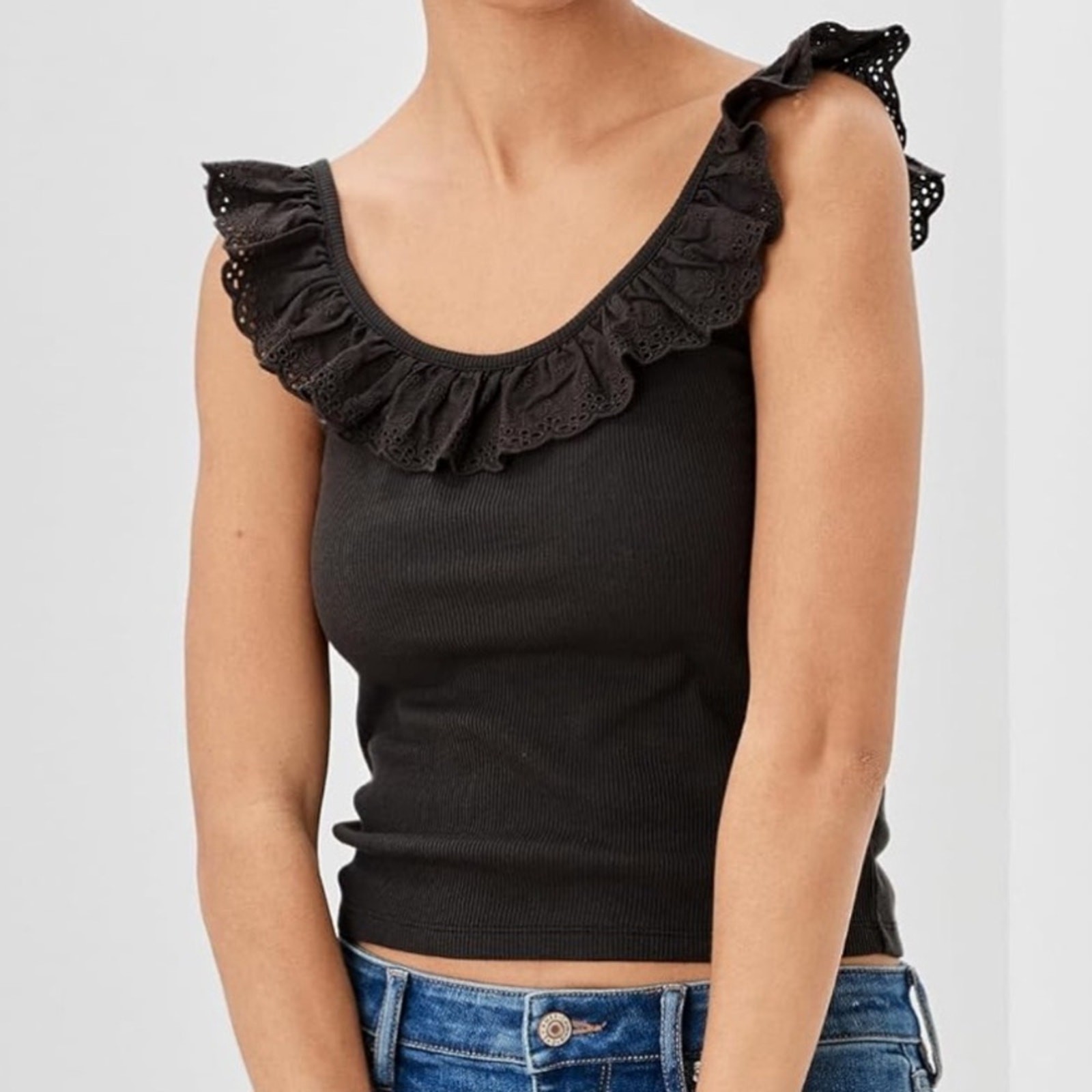 NWT American Eagle Eyelet Trim Scoop-Neck Ribbed Tank Top Women’s XL Dark Grey