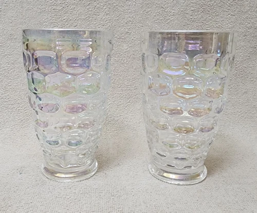 2 Vintage MCM Federal Yorktown Colonial Rainbow Iridescent Thumbprint Glasses - Picture 3 of 5