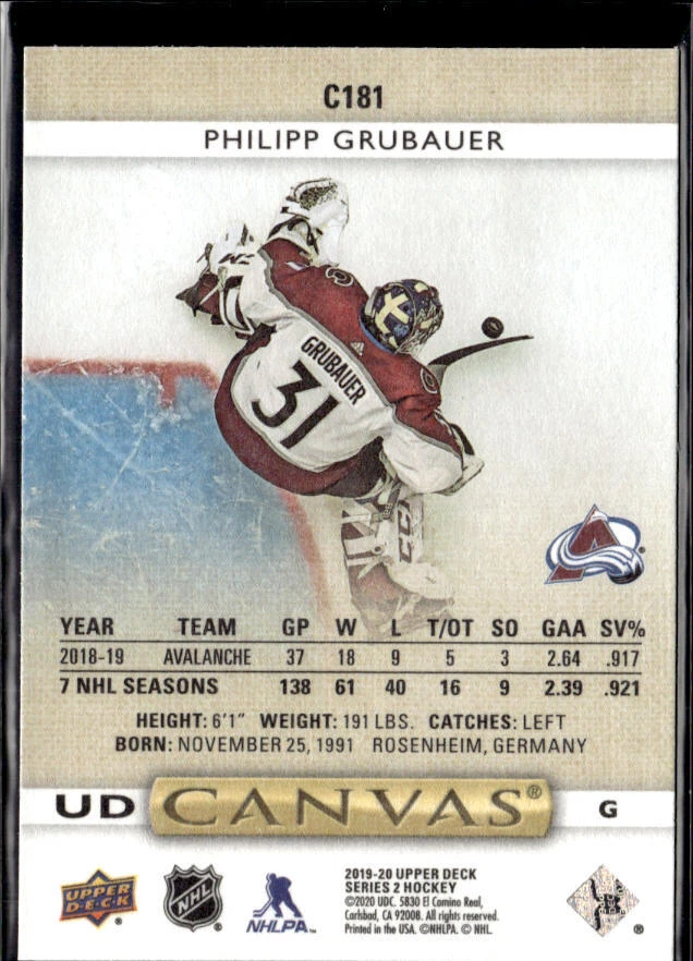 2019-20 Upper Deck #C181 Philipp Grubauer UD Canvas - Image 2 of 2