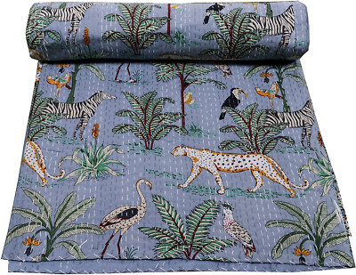 Indian Handmade Jungle Print Quilts,Vintage Kantha Throw Blanket Bedspread Gudri