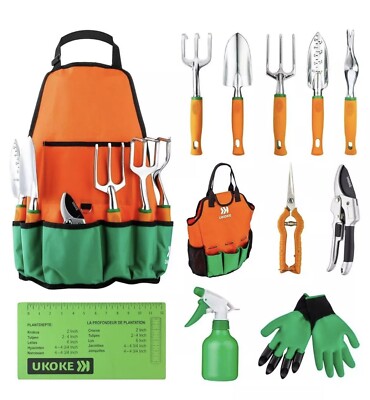 UKOKE 12pc Aluminum Garden Hand Tool Kit & Canvas Storage Apron Set New