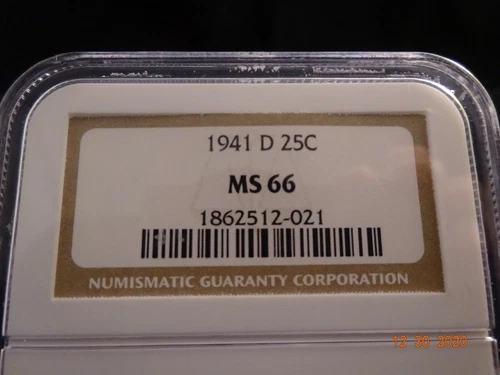 1941-D Washington Silver Quarter, NGC MS66  