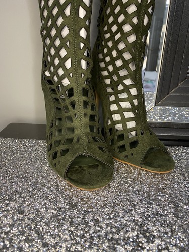 New Cape Robbin Women Olive Green Peep Toe Lace Thigh High Heel Boot Sz 6 - Picture 3 of 12