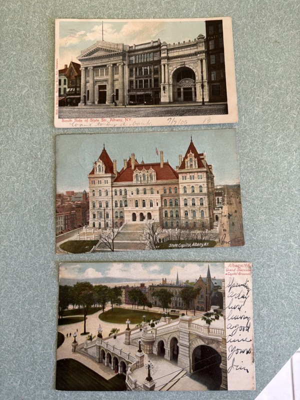 Set of 3 1905-07 ALBANY POSTCARDS-CAPITAL BLDG, GRAND STAIRCASE, STATE STREET