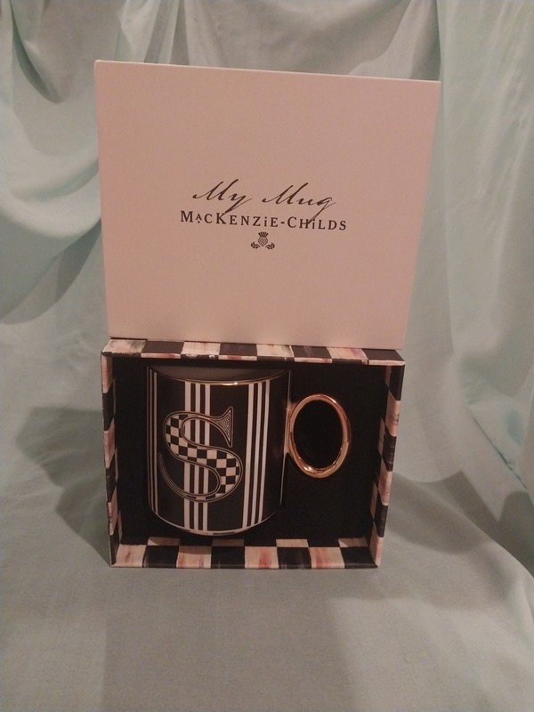 MacKenzie-Childs "My Mug" Monogram Letter S- New In Box - Courtly Check & Gold