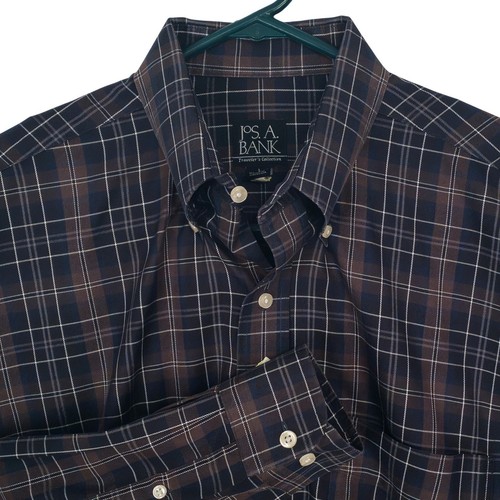 Jos. A. Bank Traveler's Collection Mens Large Brown Navy Plaid Button Down Shirt