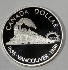 Canada Silver Dollar Coin, 1986 Vancouver Train Coin, DCAM Proof .500 Silver