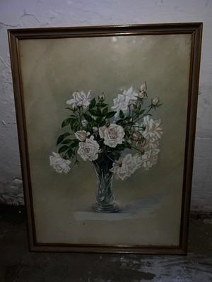 Wandbild Weiße Rosen in Vase  / 1959 / Signiert E.R Kissel/ 35,5 x 40,5cm