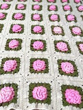 Vtg. 3D Granny Square Raised Pink Flowers Crochet Afghan Blanket 68x46  