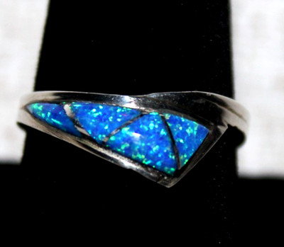 Blue Desert Opal Inlay and Sterling Silver Ring Signed Lucie ZUNI Size 9 NWOT