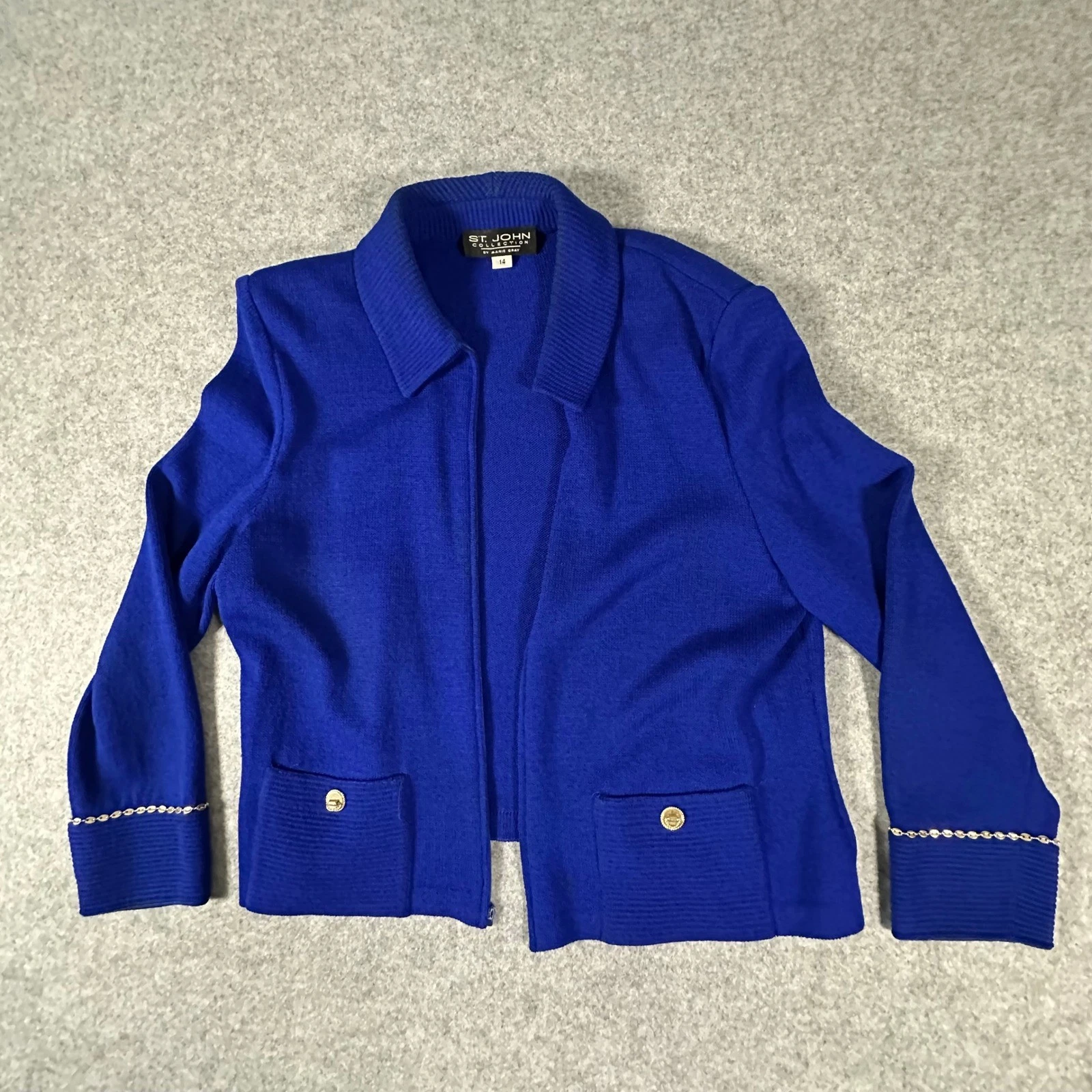 St. John Collection Knit Jacket 14 Royal Blue Womens Zip Front Santana Knit