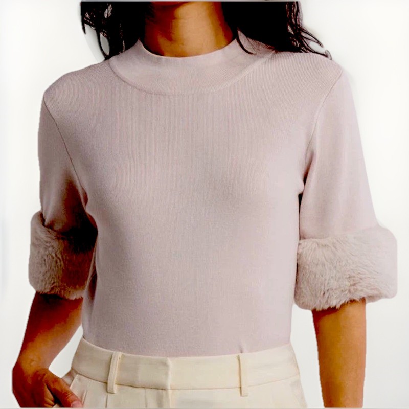 *TAHARI* Blush Pink Faux Fur Elbow Sleeve Knit Top - NEW - Size Large
