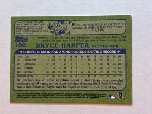 Bryce Harper Rookie~2013 Topps Archives~card #100~ Mint Condition - Picture 2 of 2
