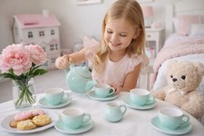 Jewelkeeper Porcelain Tea Set for Little Girls Pastel Green Polka Dot 11 Piece