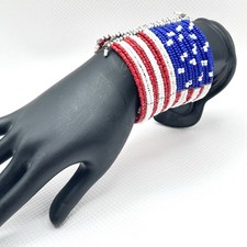 Beaded Adjustable Cuff Bracelet American Flag Patriotic Americana Red White Blue