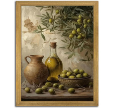 Wood Framed Olive Kitchen Wall Art, Vintage Rustic Still Life Canvas Print, Gree