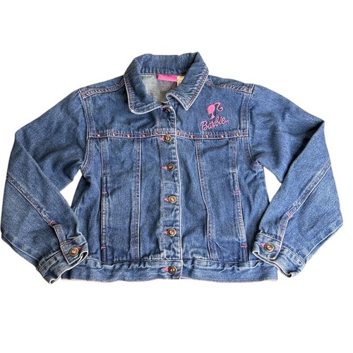 VTG Y2K Girls Barbie Blue Jean 7/8 Denim Trucker Jacket Pink Rhinestones AVON