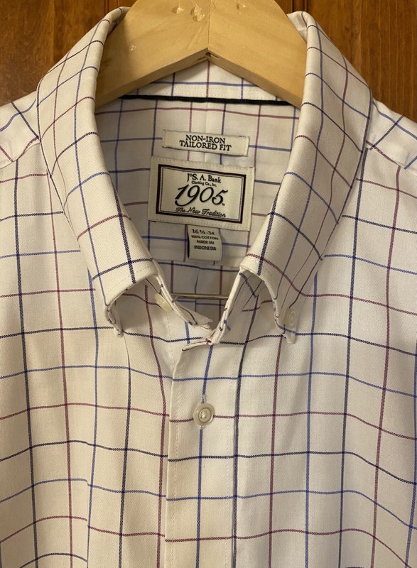 Jos. A. Bank Traveler Blue Purple White Check Tailored Fit Shirt Size 16 1/2, 34