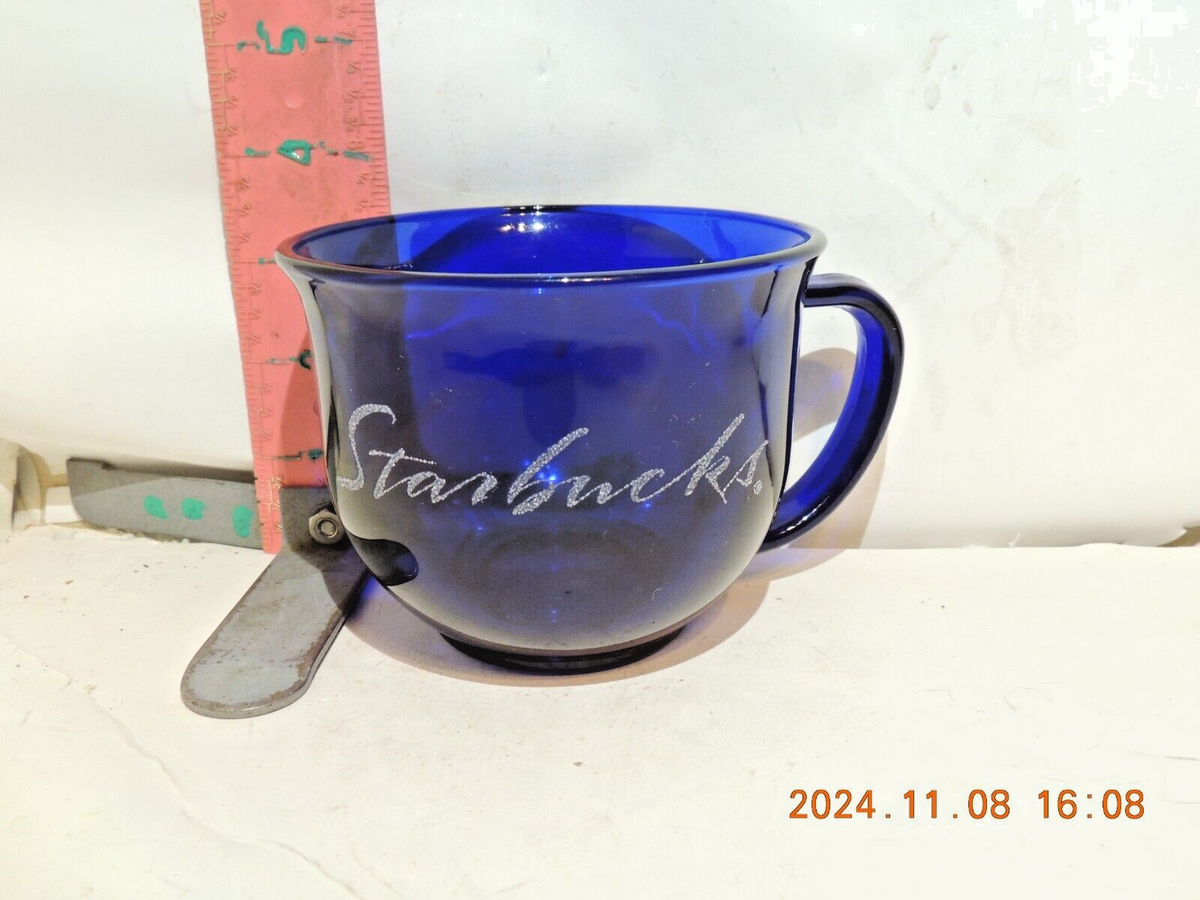 Starbucks Cup Glass Cobalt Blue Sparkly Script Etched Oversized 3.5" X  5.50" | eBay