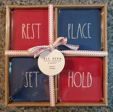 Rae Dunn 4 Piece Ceramic Coaster Set REST PLACE SET HOLD red & blue 3.75"