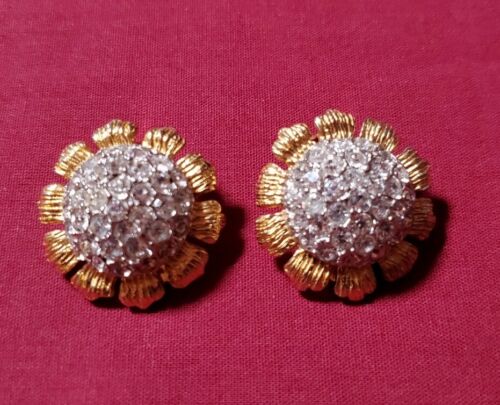 Vintage KJL Sparkly Flower Gold Tone Clip Earrings - image 1