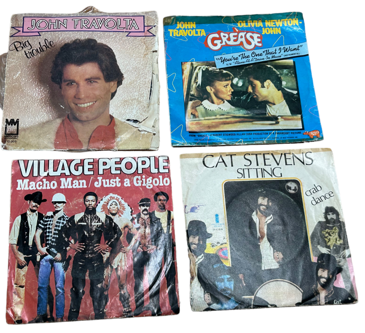 Four Vinyl Records - 45 rpm - Grease, Village People, Travolta Made in Portugal-image