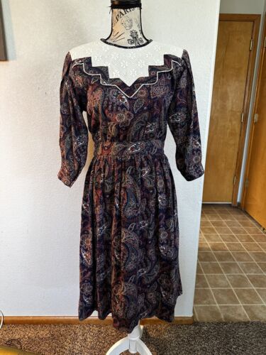 Vintage 1980s Lanz Paisley Prairie Dress USA Sz 10