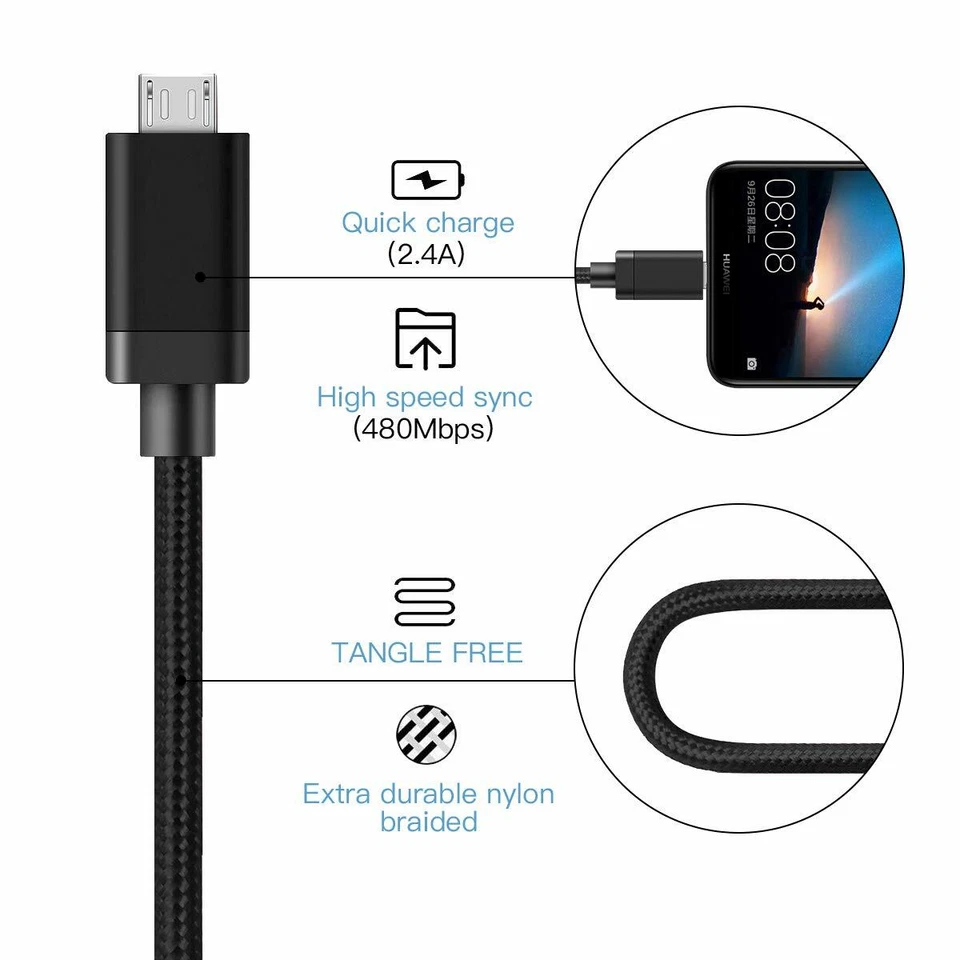 Cable de teléfono de sincronización de datos de carga cargador micro USB trenzado de alta resistencia 1M 2M 3M Foto 3 de 4