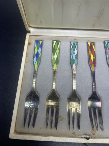Georg Jensen Denmark Sterling Silver Enamel Harlequin Set 6 Forks Original Box - Picture 2 of 13