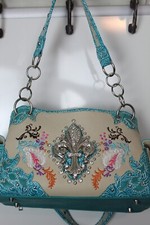 Cowgirl Trendy Western Handbag Turquoise and Beige Embroidered Rhinestones