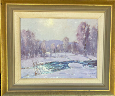 ::OIL PAINTING INDISTINCT SIGN VIEW OF WINTER LANDSCAPE IN THE FOREST AT STREAM WATERFALL