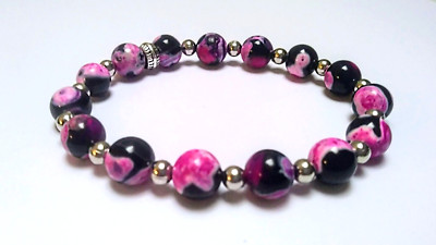 Perlenarmband mit Heil-/Schutzsteinen (Fuchsia Achat-Perlen), handgefertigt