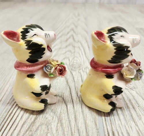 Pigs with Flowers Salt and Pepper Shaker Set Made in Japan Multi Color - Picture 5 of 11