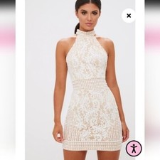 Pretty Little Thing White High Neck Lace Crochet Lined Bodycon Sz. 6 Mini Dress
