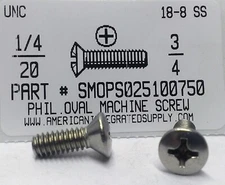 1/4-20x3/4 Oval Head Phillips Machine Screws Stainless Steel (10)