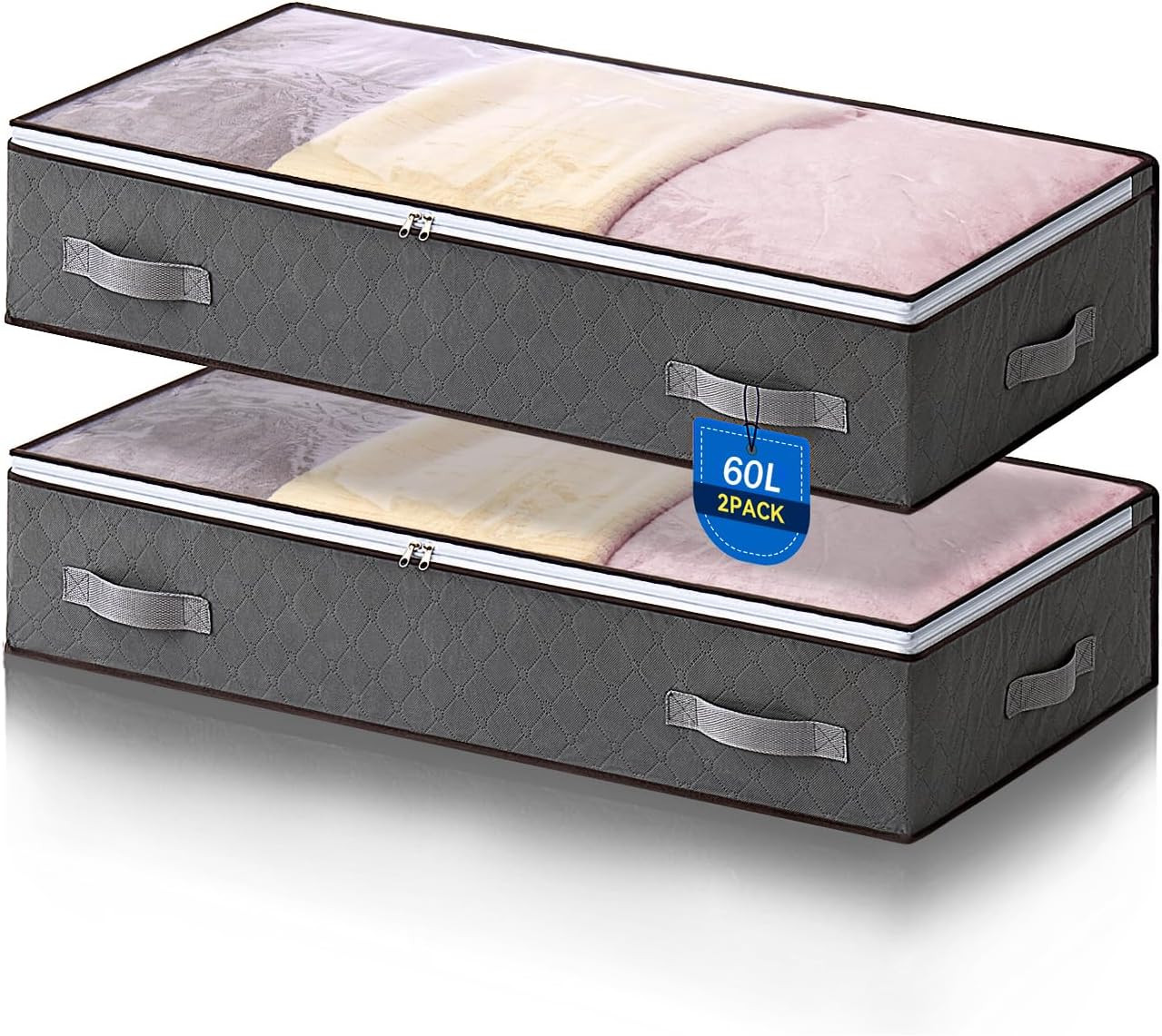 2PCS 60L Underbed Storage Bags with Viewing Window, Foldable Container Closet Or