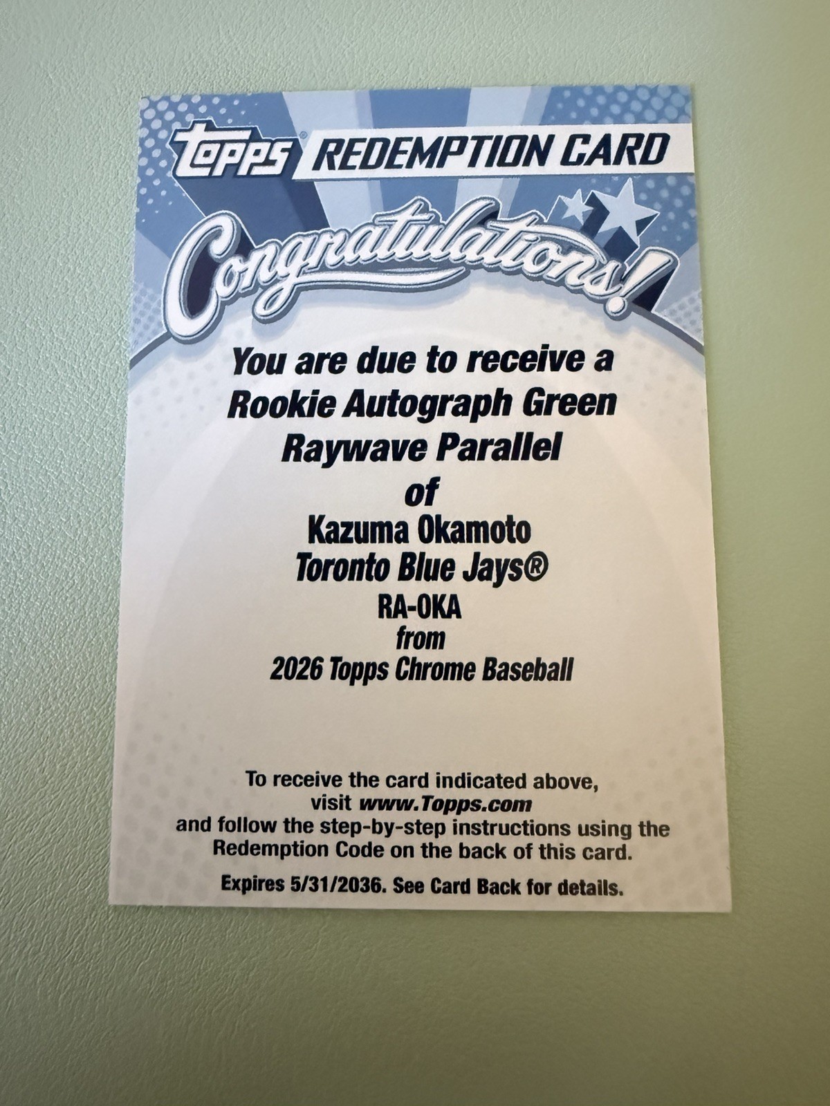 2026 TOPPS CHROME KAZUMA OKAMOTO ROOKIE AUTO GREEN RAYWAVE /99 BLUE JAYS