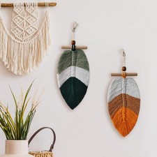TOTIEJFJ Boho Macrame Leaves Hanging Wall Decor 2set , Bohemian Woven Leaf T...