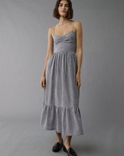 American Eagle AE Womens Cotton Linen Gingham Midi Dress Med Spaghetti Strap Bow